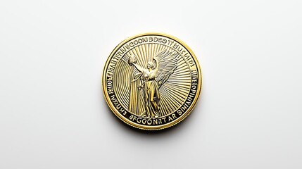 A detailed view of a golden coin featuring an intricate angel design, symbolizing wealth, success, and achievement.