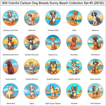 Colorful Dog Breeds Cartoon Characters Sunny Beach Bundle Collection Set 5 of 600 Dog Faces Isolated Part 28