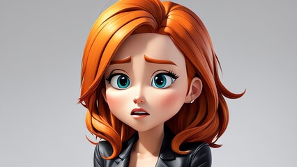 Realistic 3D image of an animated girl character looking perplexed. In the expression, there are elements of confusion, worry, anxiety, distrust, and bitterness.  