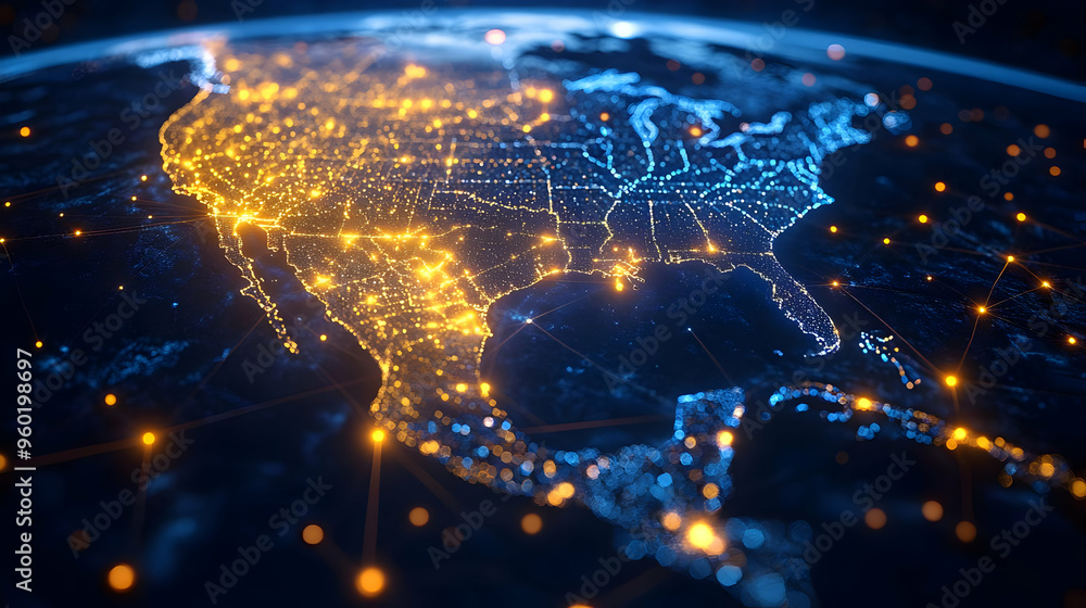 Poster a digital map displaying illuminated networks across north america.