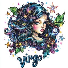 Naklejka premium A colorful illustration of a woman with flowing hair and astrological elements.