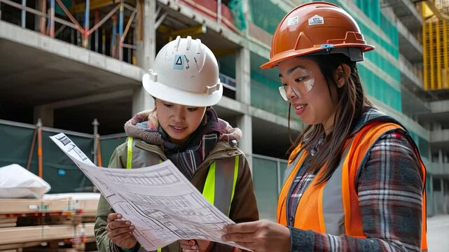 Construction site collaboration: Two female construction workers in hard hats and safety vests, reviewing blueprints together, showcasing teamwork and expertise on a construction site. 