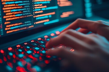 Hands typing on a mechanical keyboard with multiple code windows open, software development process, coding in action