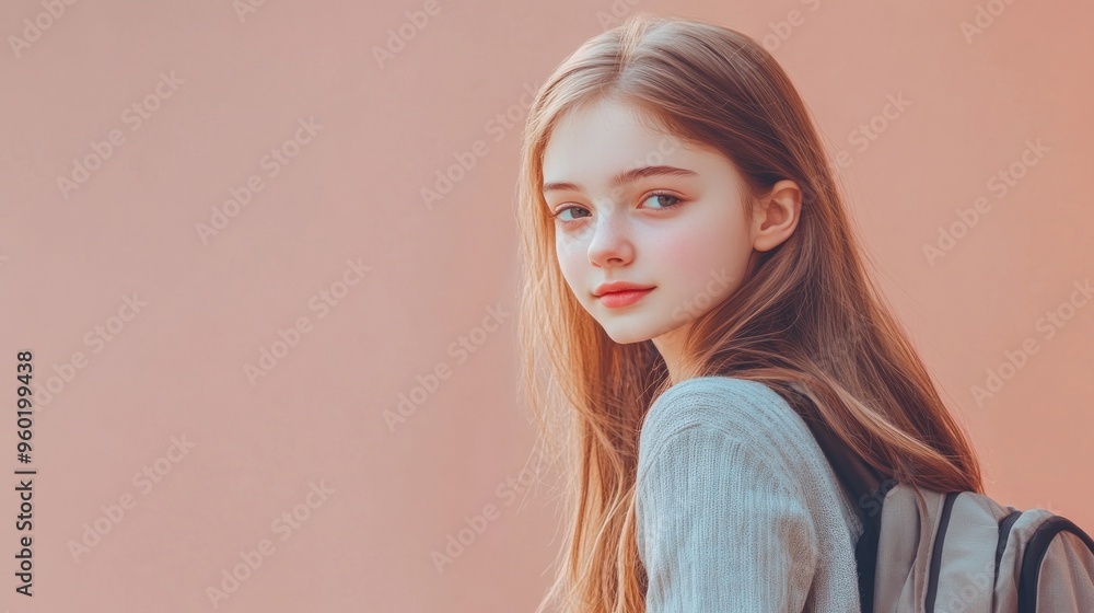 Poster A young girl with long hair, wearing a backpack, gazes thoughtfully against a soft background.