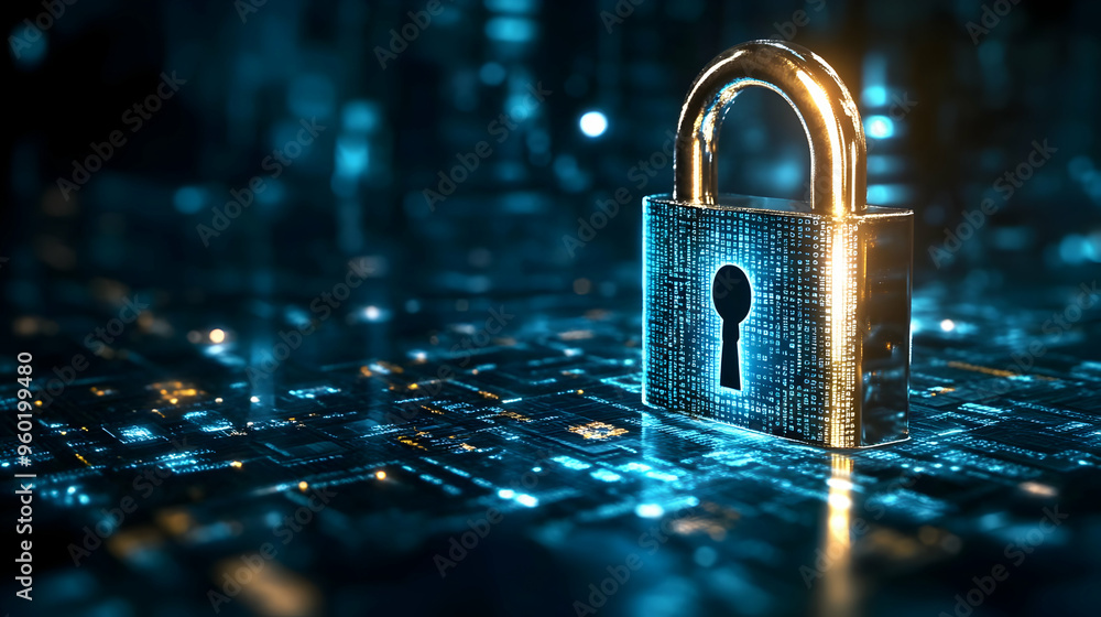 Poster a digital padlock symbolizing cybersecurity and data protection.