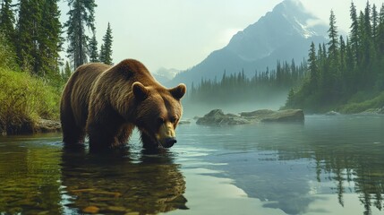 A grizzly bear fishing for salmon in a pristine river within a protected Alaskan wilderness, illustrating natural behavior in a conserved habitat