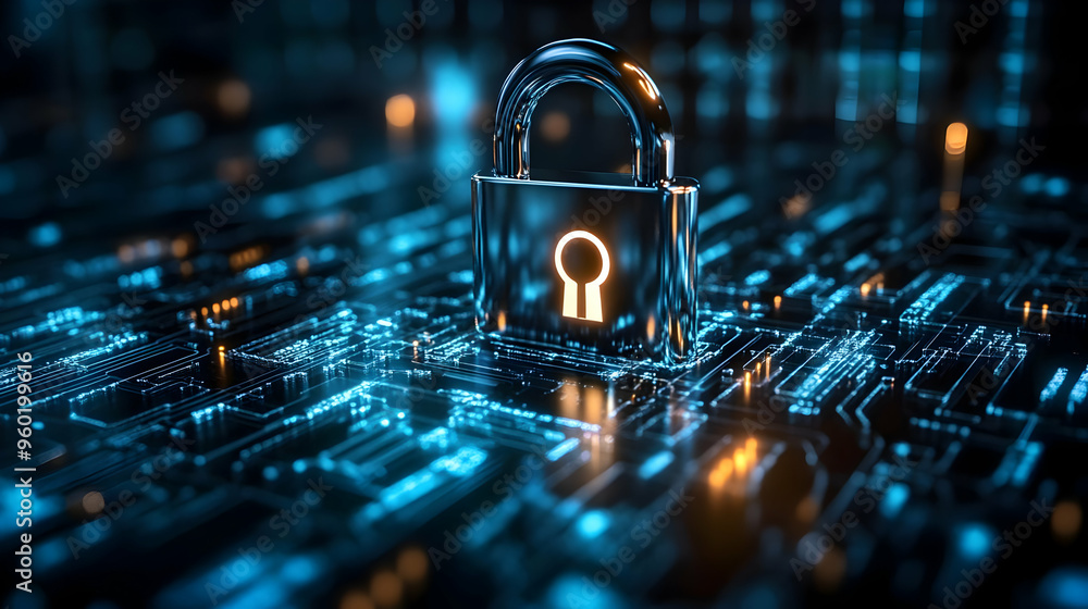 Poster a digital padlock symbolizing cybersecurity and data protection.