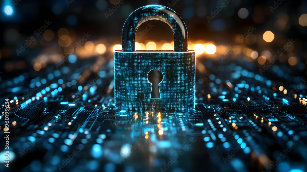 Poster a digital padlock symbolizing cybersecurity and data protection.