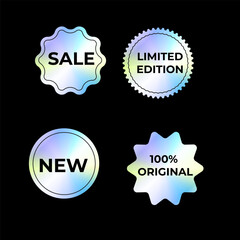 Set of stickers, hologram emblems, holographic labels on dark background. y2k gradient neon stickers for sale, products.