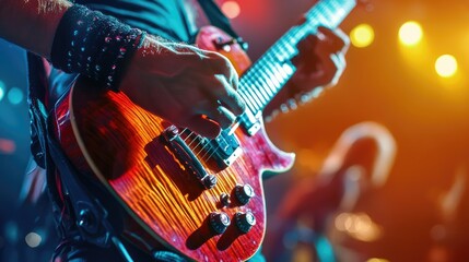 Obraz premium Strumming an electric guitar during a rock concert, with the focus on the musician's hand and the dynamic energy of the performance.