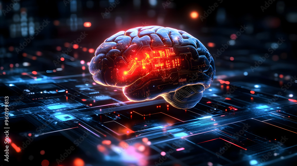 Poster a digital representation of a brain with circuitry and glowing effects.