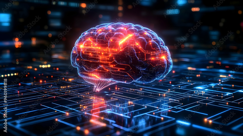 Poster a digital representation of a brain with circuitry and glowing elements.