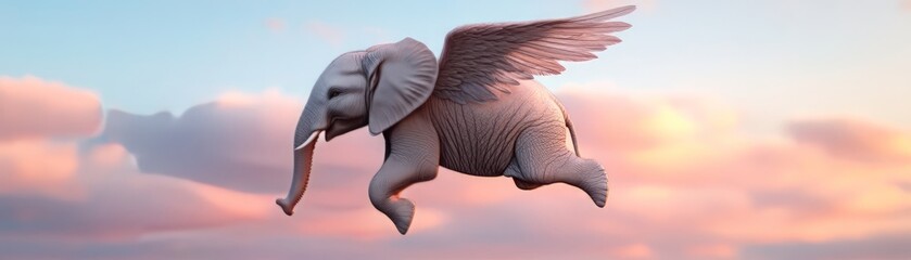A whimsical flying elephant with wings soaring through a pastel sky, capturing imagination and wonder.
