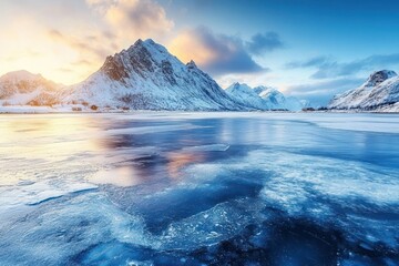 Fototapeta premium Frozen Fjord with Snow-Covered Mountains and a Blue Sky