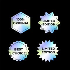 Set of stickers, hologram emblems, holographic labels on dark background. y2k gradient neon stickers for sale, products.