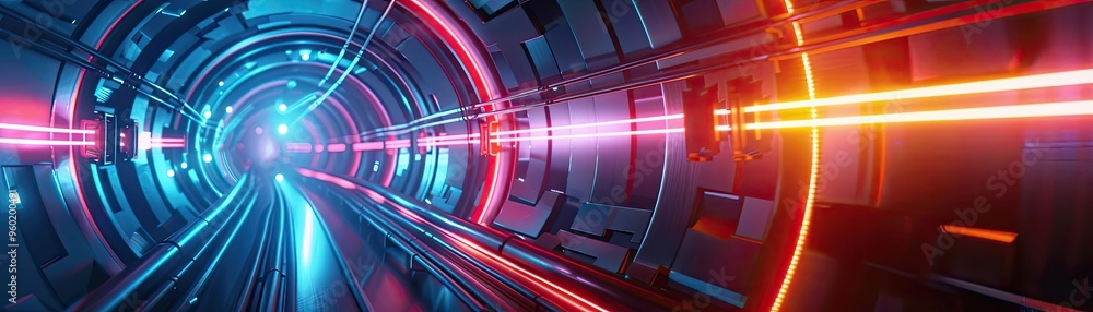 Poster a vibrant futuristic tunnel illuminated with colorful neon lights, creating a dynamic and immersive 
