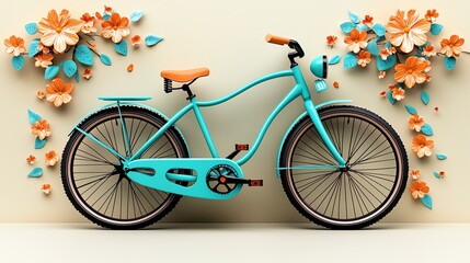 Fototapeta premium A vibrant turquoise bicycle against a floral backdrop, showcasing a playful blend of color and design.