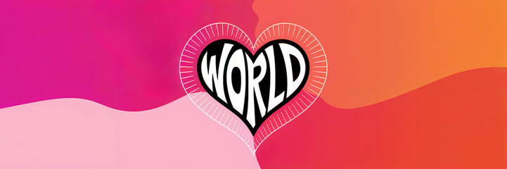 Heart shape with "world" text on vibrant pink and orange gradient background. Modern style. Love and unity concept. Ideal for global awareness campaigns. For banner, poster, card with copy space.