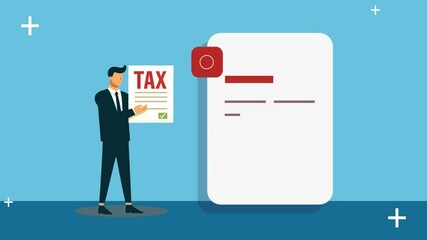 Animation of a businessman holding a tax letter standing in front of a large document containing details and calculations of taxes to be paid