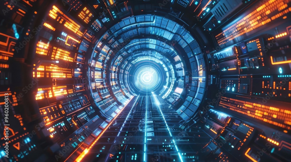 Aufkleber futuristic tunnel with vibrant lights and intricate designs, creating an immersive visual experience