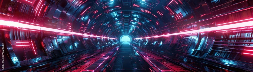 Poster futuristic tunnel with vibrant lights, evoking a sense of speed and technology, perfect for sci-fi t