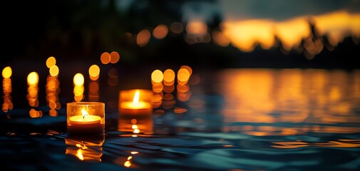 Serene candles floating on tranquil water under a colorful sunset, creating a peaceful and calming atmosphere.