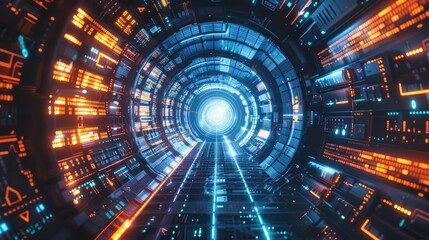 Fototapeta premium Futuristic tunnel with vibrant lights and intricate designs, creating an immersive visual experience of technology and depth.