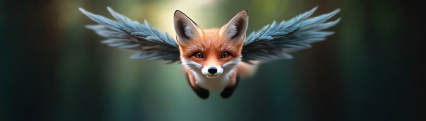 Fototapeta premium A whimsical illustration of a flying fox with wings, set against a magical forest backdrop, sparking imagination and wonder.