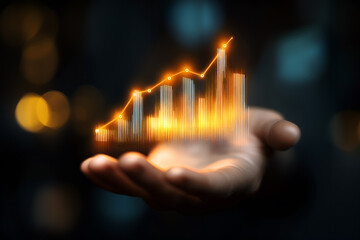 A hand holding an ascending bar and line chart, symbolizing financial growth, success, and data