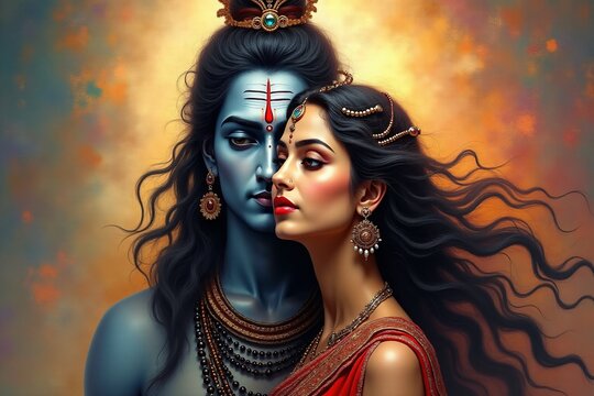 Portrait of Lord Shiva and Goddess Parvati, oil painting.