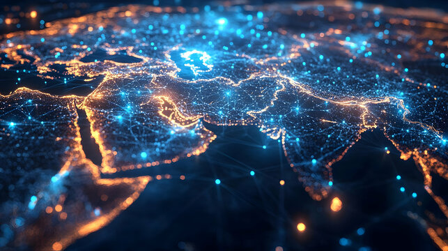 A digital representation of a networked map of Europe and Asia.