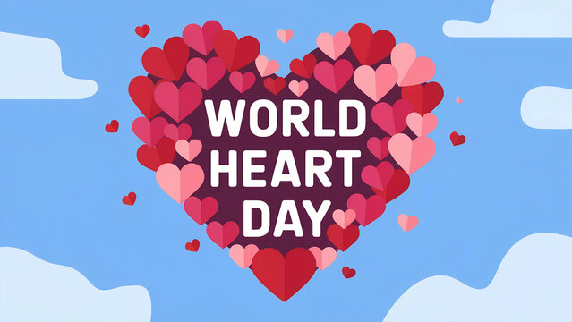 World heart day celebration. Colorful heart shapes on blue sky background. Health awareness theme. Perfect for holiday event promotion. Design for banner, flyer, poster with copy space. - Powered by Adobe