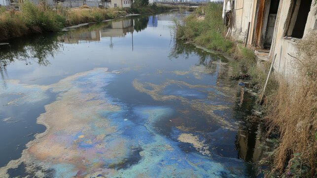 The river reflects vibrant hues from harmful dye runoff contaminating waters near textile facilities, affecting the environment