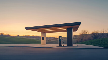 A modern, minimalist charging station in a peaceful, scenic countryside.