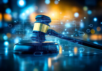A legal gavel with artificial intelligence, symbolizing the intersection of law and technology.