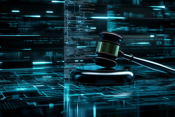 A legal gavel with artificial intelligence, symbolizing the intersection of law and technology.