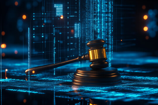 A legal gavel with artificial intelligence, symbolizing the intersection of law and technology.