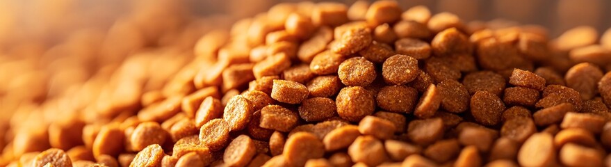 Fototapeta premium Close-up of dry pet food granules in a pile, crunchy texture for dog food