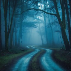 Obraz premium Road in the blue foggy forest