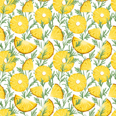 Pineapple rosemary seamless pattern. Tropical fruit and spice herb vector ornament. Print for food, drink, flavour, aroma packaging, wrapping, apparel. White background