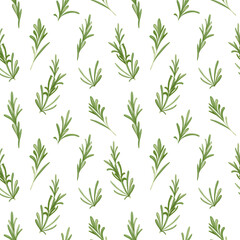 Fototapeta premium Rosemary sprigs seamless pattern. Spice herb vector ornament. Hand drawn print for food, drink, flavour, aroma packaging, wrapping, apparel, beauty products. White background