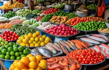 Close-up view of various fruits and vegetables on a table