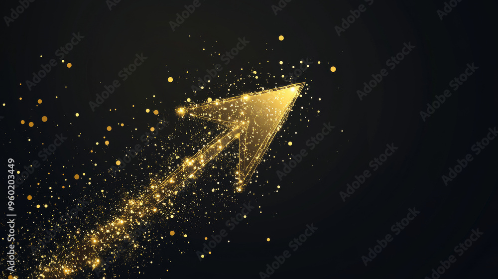 Poster vector illustration of a low poly upward arrow with a golden dust effect. the design includes sparkl