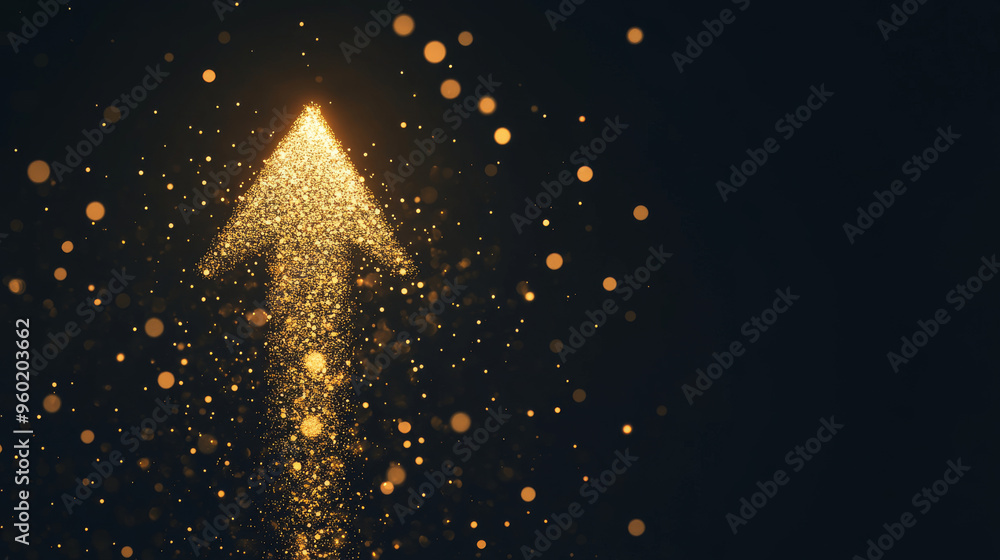 Poster vector illustration of a low poly upward arrow with a golden dust effect. the design includes sparkl