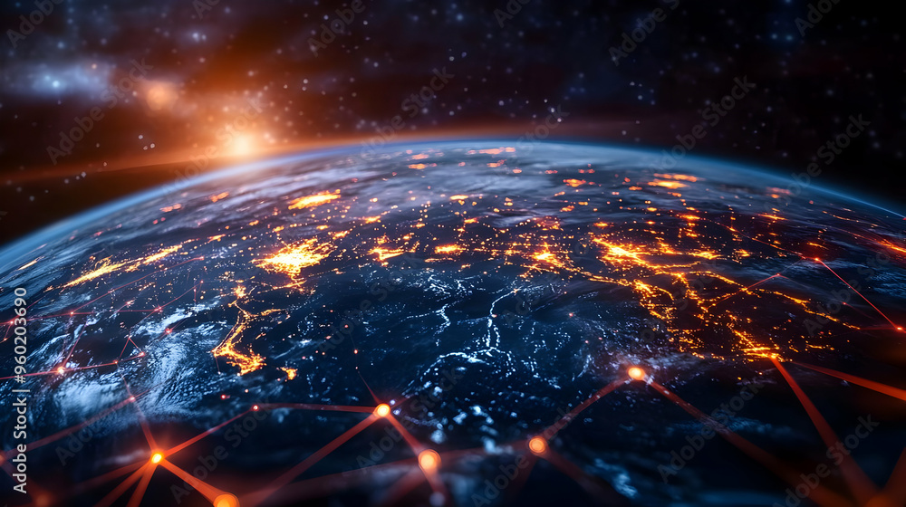 Poster a digital representation of earth with illuminated networks.