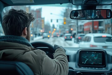 Caucasian Millennial man driving in a car in winter. Busy downtown street with people and cars in the background