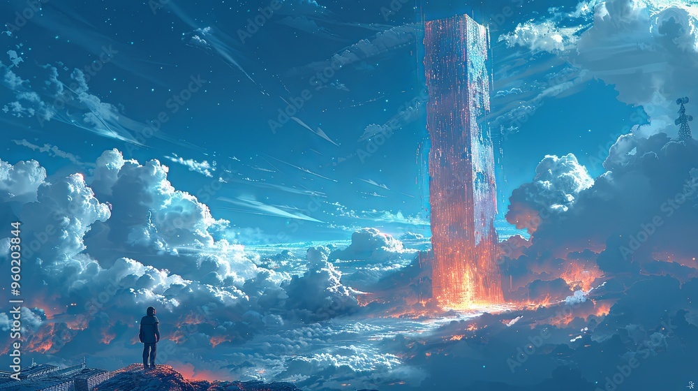 Wall mural  a man looking at the monolith that floating in the sky, digital art style, illustration painting