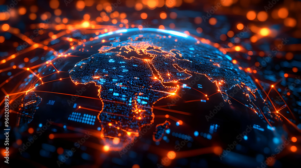 Poster a digital representation of earth with network connections.