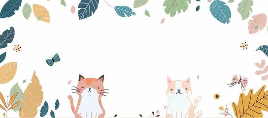 Obraz premium Cute cartoon cats, hand drawn style, simple design with lots of white space for text. illustration border made up of leaves and flowers.