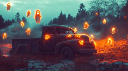 Eerie scene featuring an old truck surrounded by glowing ghostly figures in a misty landscape at twilight.